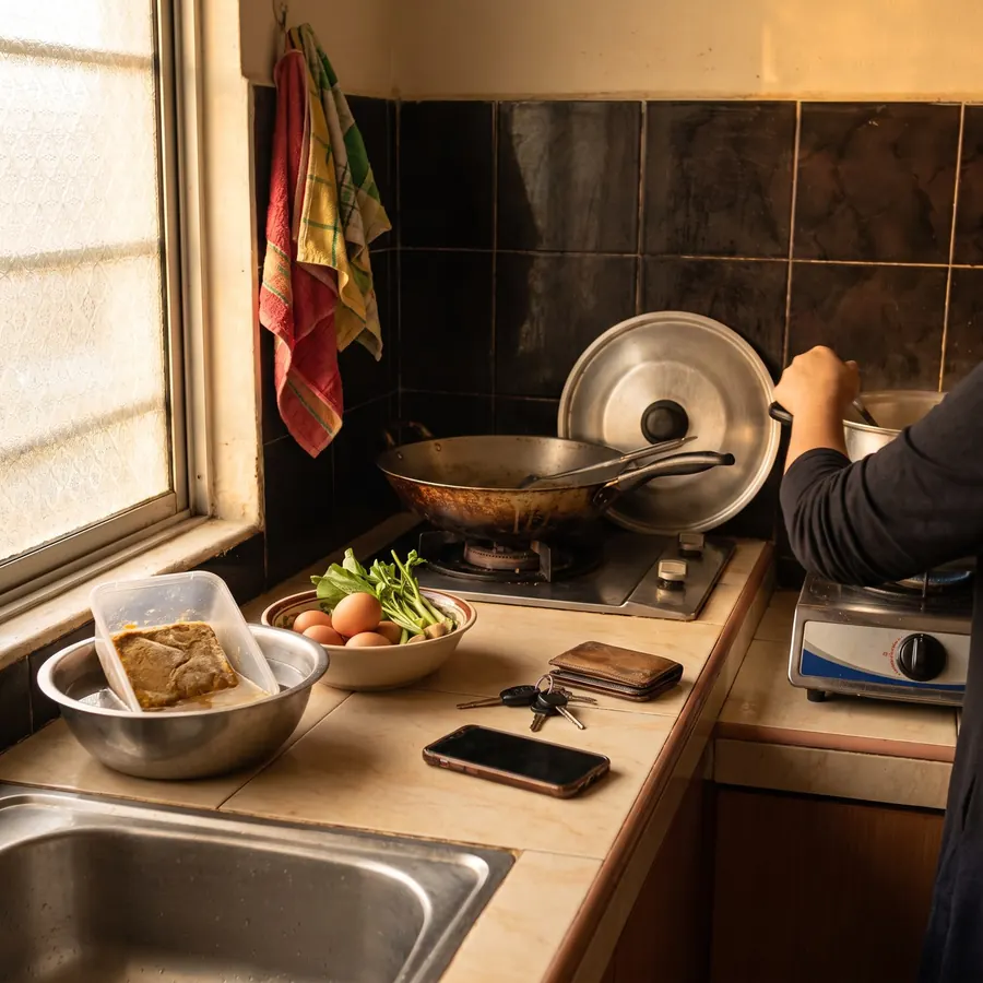 Kaunter dapur pada waktu malam dengan bekas beku direndam dalam air sejuk
